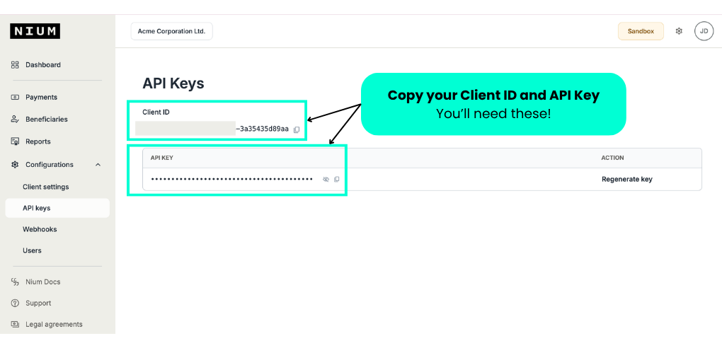 Nium Portal API Keys page with the Client ID and API Key highlighted
