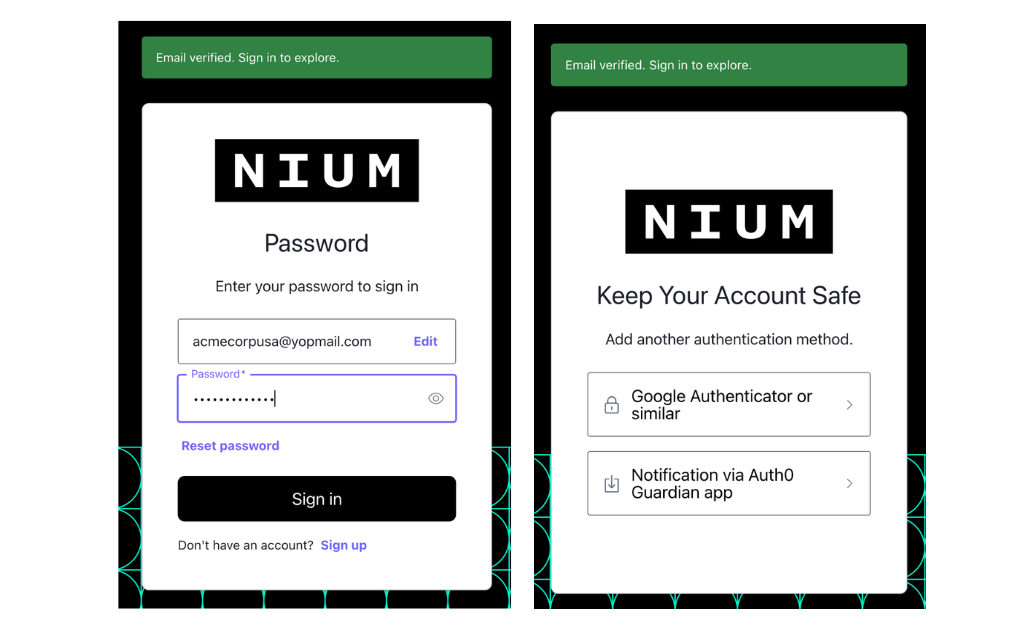 Nium Portal password sign-in screen and the Keep Your Account Safe screen for adding another authentication method