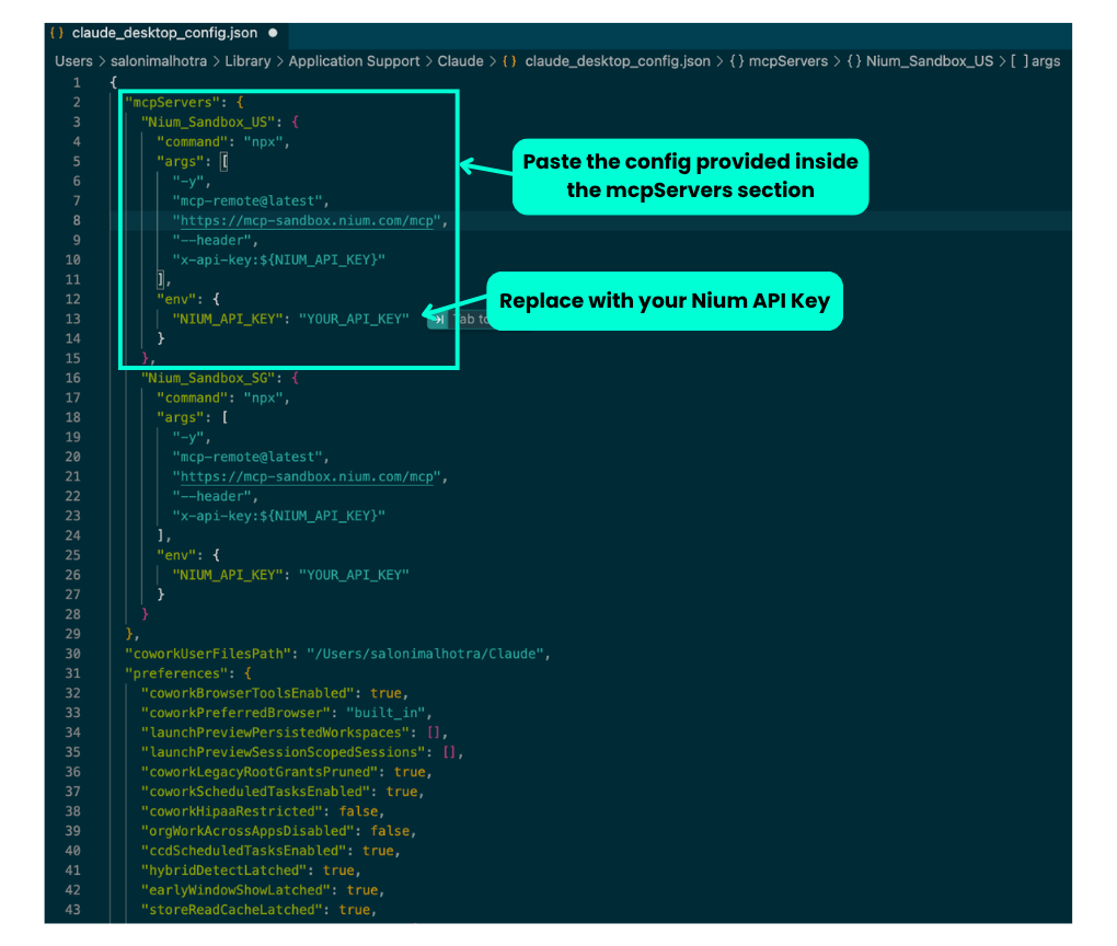 claude_desktop_config.json with the Nium MCP server config pasted inside the mcpServers section and the API key placeholder to replace