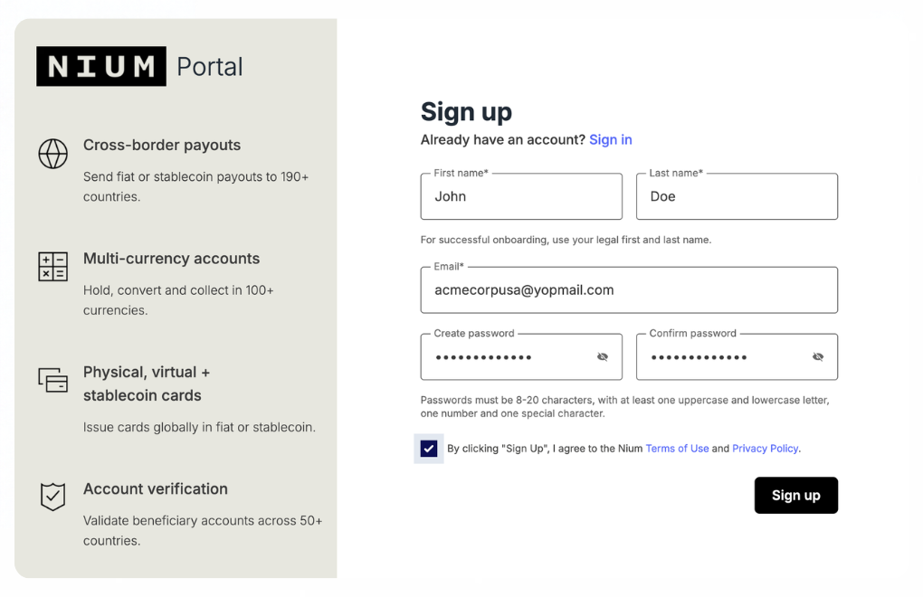 Nium Portal sign-up form with first name, last name, email, and password fields