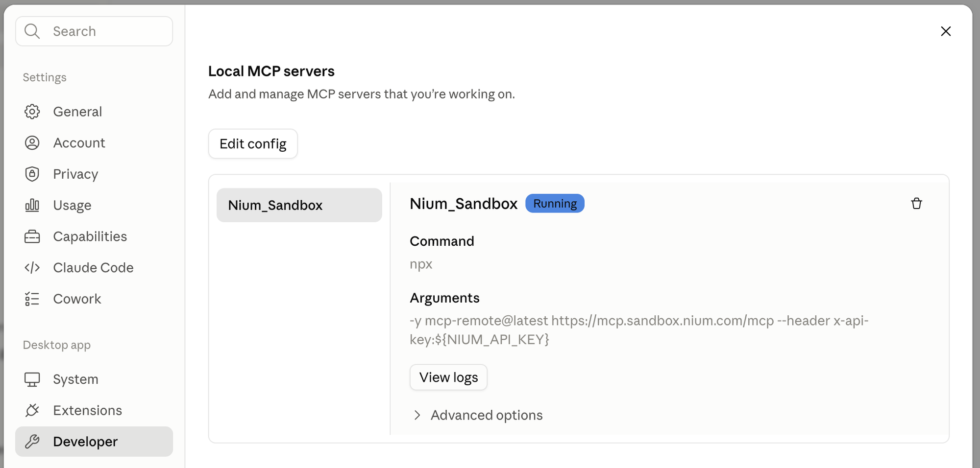 The Nium_Sandbox MCP server listed as Running under Settings > Developer > Local MCP servers in Claude Desktop