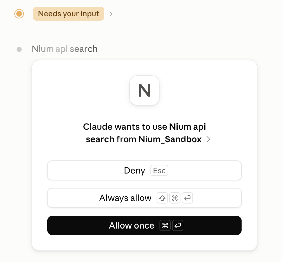 Claude Desktop asking for permission to use a Nium tool from Nium_Sandbox, with Deny, Always allow, and Allow once options